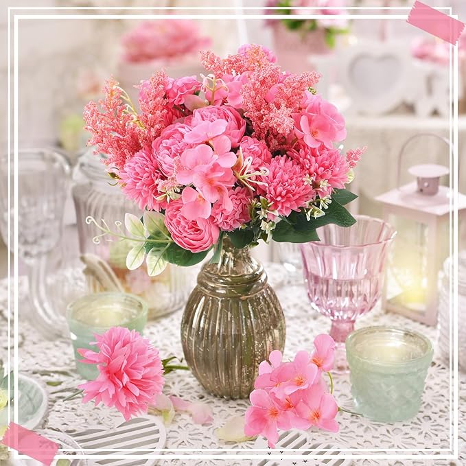 Zeyune 8 Pcs Wedding Silk Flowers Fake Silk Flowers Faux Bouquet Hydrangea Bouquets for Wedding Birthday Party Table Centerpieces Home Decoration(Rose Red,Peony)