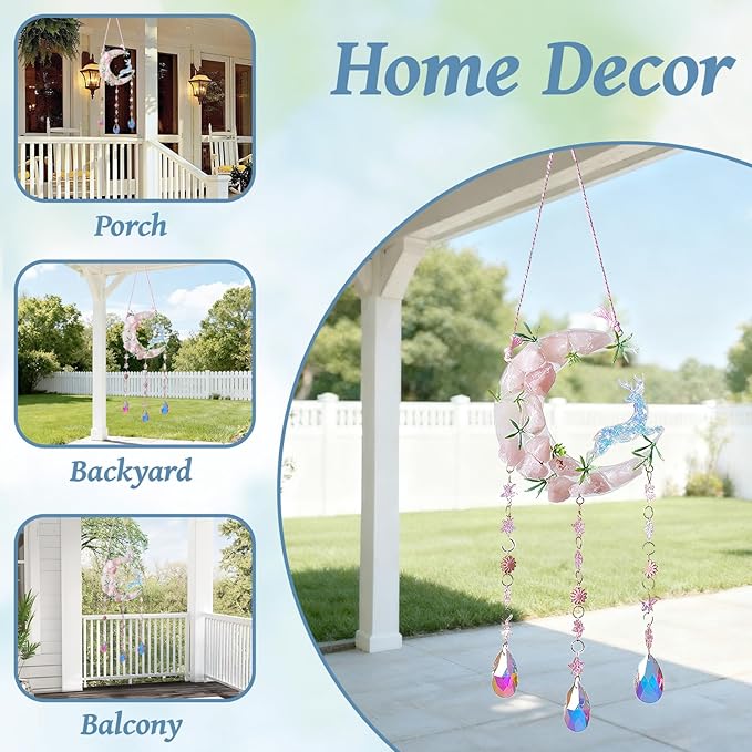 TUOKING Crystal Suncatchers for Window Green Deer Pink Dreamy Crystal Natural Stone Sun Catchers Rainbow Maker Ornament Gift Home Garden Decoration