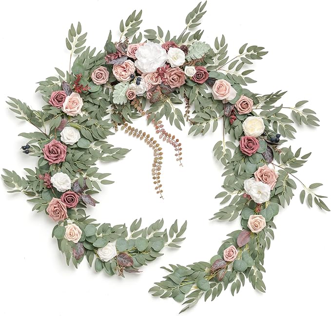 Ling's Moment 9FT Eucalyptus and Willow Leaf Garland with White Flower, Handcrafted Wedding Sweetheart Table Centerpieces Head Table Decor Arch Backdrop Decorations for Wedding | Dusty Rose & Mauve
