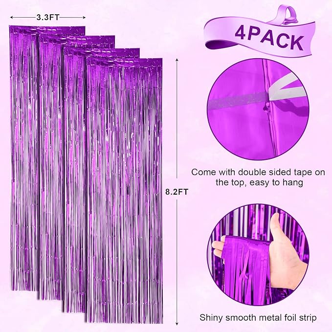 4 Pack Purple Foil Fringe Backdrop Curtains, Tinsel Streamers Birthday Party Decorations, Fringe Backdrop for Graduation, Baby Shower, Gender Reveal, Disco Party