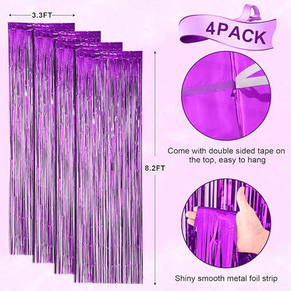 4 Pack Purple Foil Fringe Backdrop Curtains, Tinsel Streamers Birthday Party Decorations, Fringe Backdrop for Graduation, Baby Shower, Gender Reveal, Disco Party