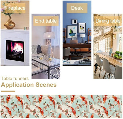 Japanese Kio Fish Table Runner Cherry Flower Art Printed Burlap Runner Home Kitchen Dining Table Living Room Decor Fabric 1 Panel W13xL120in