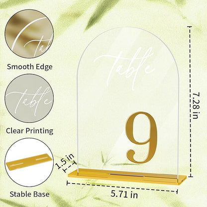 Arch Wedding Table Numbers 1-15 with Stands, Elegant Gold Number 5.5 x 7” Arch Acrylic Signs with Holder, Clear Acrylic Table Numbers for Wedding Reception, Anniversary, Party, Events