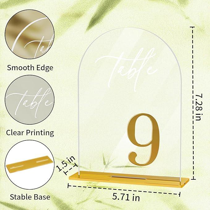 Arch Wedding Table Numbers 1-20 with Stands, Elegant Gold Number 5.5 x 7” Arch Acrylic Signs with Holder, Clear Acrylic Table Numbers for Wedding Reception, Anniversary, Party, Events