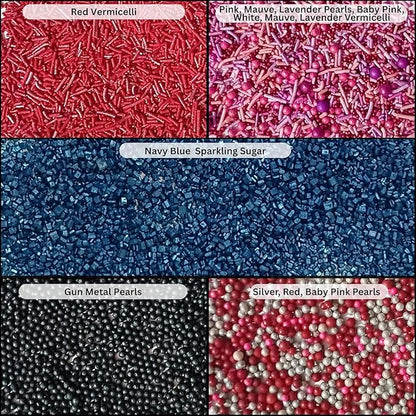 Confect Edible Sprinkles for Cake Decorating - Red Jimmies, Blush Pink Red Gun Metal Silver Pearl Mix with Navy Sparkling Sugar | Vegan, Gluten-Free, Dessert Topping - 5 Oz