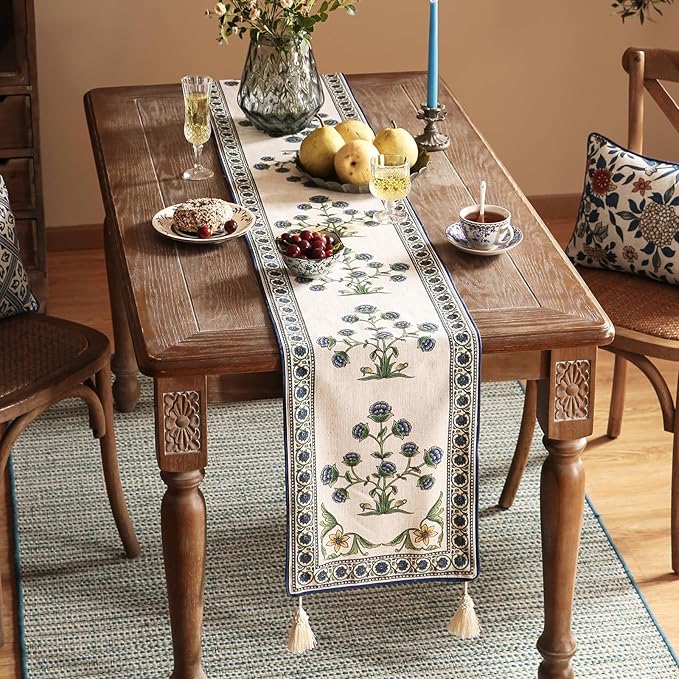 patdrea Designer Blue Rustic Elegant Floral Patterned Linen Table Runner 87 Inch Long,Wrinkle Resistant Table Mat,Decoration for Kitchen Dining and Coffee Tables Banquet Christmas , 12"x87"