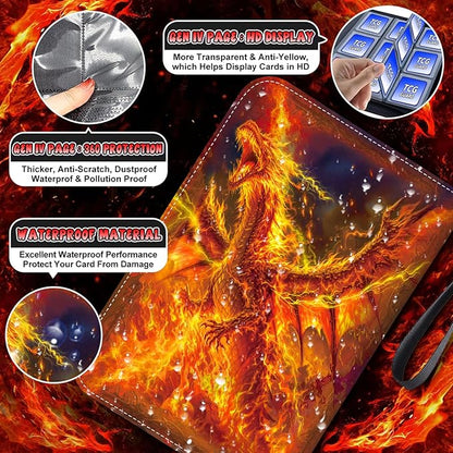 1008 Card Binder 9 Pocket, 3-Ring Trading Card Binder with 56 Page Removable Sleeves, High Storage Waterproof Trading Card Holder Collection Card Album Carrying Organizer Case for MTG TCG Cards -Fire