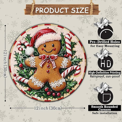 Round Christmas Metal Tin Sign Rustic Wall Decor Gingerbread Man Vintage Tin Sign Candy Canes Christmas Tin Sign for Home Garden Kitchen Bar Cafe Restaurant Garage Wall Decor 12 * 12 in