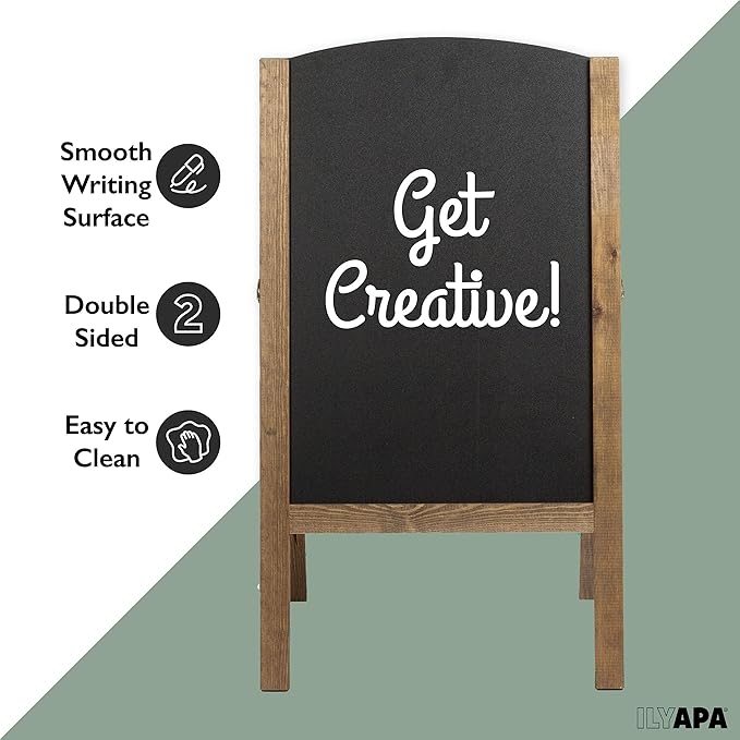 Ilyapa A-Frame Chalkboard Sidewalk Sign - Rounded Top Folding Standing Sandwich Sign for Restaurant, Office, Weddings - Rustic Barnwood, 18 x 31.5 in