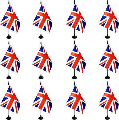 UK Britain Desk Flag, 12 Pack British Table Office Flag with Black Solid Pole and Stand Base, International Country Flag, Festival Celebration, Classroom Meeting Desktop Decor (UK)