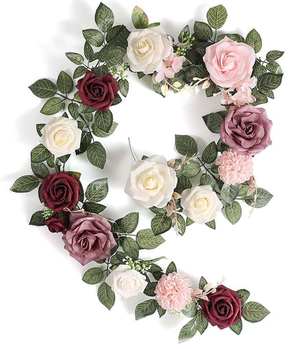 5FT Artificial Rose Flower Burgundy Fake Floral Garland for Wedding Ceremony Backdrop Arch Flowers Table Centerpieces Decorations