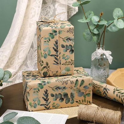 RUSPEPA Eucalyptus Leaf Gift Wrapping Paper, 17 Inches x 32.8 Feet, Mini Roll, Kraft Wrapping Paper Roll for Women, Spring, Summer, Wedding and Birthday