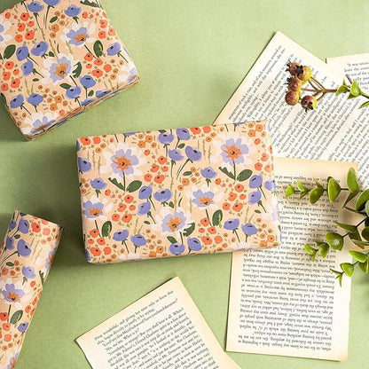 WRAPAHOLIC Kraft Floral Wrapping Paper Roll - Mini Roll - 17 Inch x 33 Feet - Watercolor Flower Wrapping Paper, Perfect for Wedding, Birthday, Bridal Shower, Tea Party