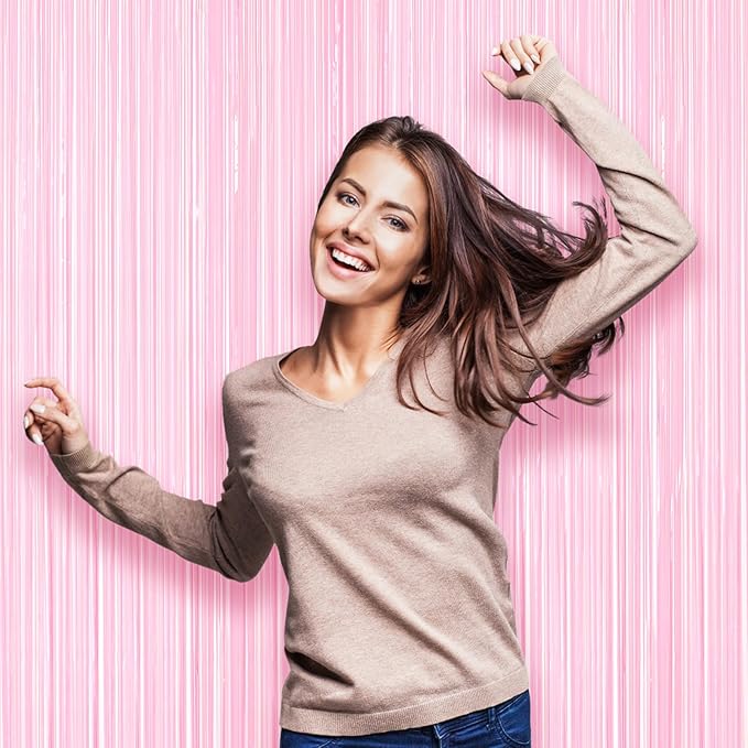 2 Pack Pastel Pink Tinsel Foil Fringe Curtains, Pink Party Decorations, Metallic Tinsel Party Streamers Backdrop for Birthday Baby Shower Graduation Wedding Gender Reveal Party Decorations