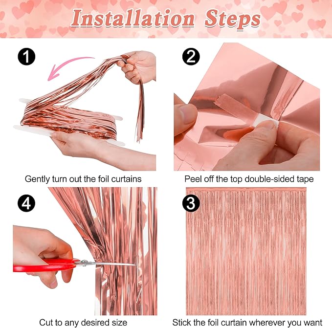 2 Pack Rose Gold Decorations, 3.28 FT x 7.05 FT Rose Gold Fringe Curtains, Metallic Photo Backdrop Tinsel Backdrop Foil Curtains, Metallic Party Supplies Wedding Decor