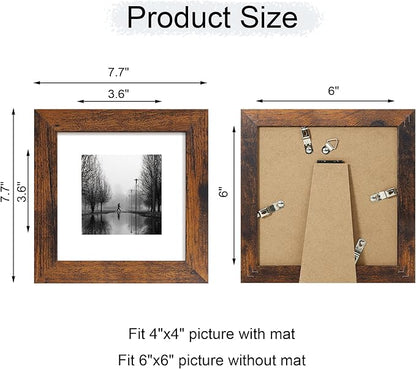 6x6 Picture Frame Set of 4 with Real Glass, Rustic Frames Display 4x4 Picture with Mat or 6 x 6 Without Mat, Square Photo Frame for Wall Mount and Tabletop Display