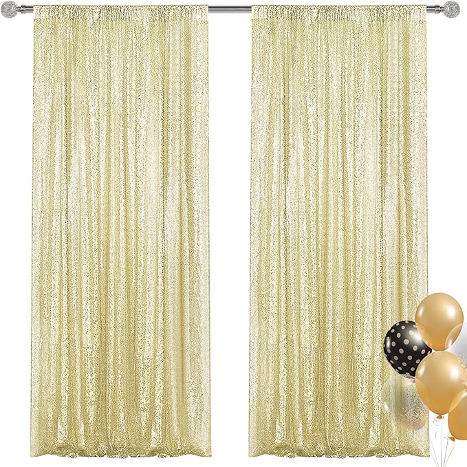 Champagne Sequin Backdrop Curtain 2 Pieces 2FTx8FT Glitter Photography Backdrop for Party Wedding Birthday Christmas Decorations