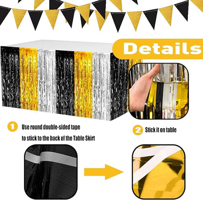 4 Pack 29x108 Inch Metallic Foil Fringe Tinsel Table Skirts for Rectangle Tables Streamer Backdrop for Wedding Birthday, Parade Floats, Christmas, Halloween Party Decoration(Gold Silver Black)