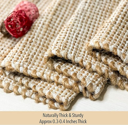 Chardin home Natural Jute Table Runner 13x108 Inch – Vintage Boho Rustic Table Decor – Handwoven Long Table Runner in Natural Jute and Ivory – Farmhouse Dining or Console Table Accent