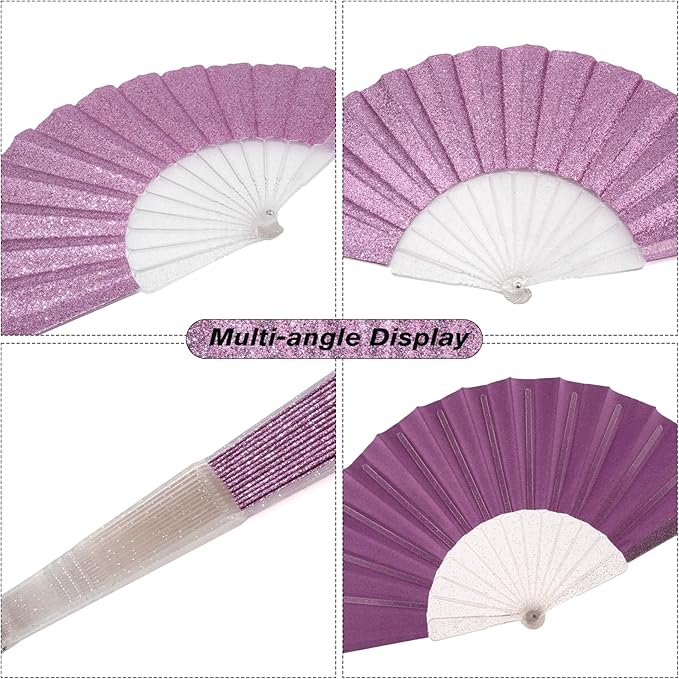 48 Pack Handheld Fan,Folding Hand Glitter Fan with Shining Transparent Fan Rib – Ideal for Wedding, Church, Festival, Dance, Tea Party, Club, and EDM Accessories, Purple