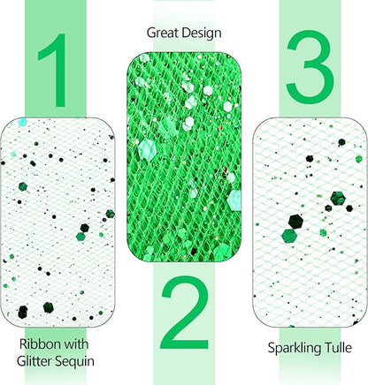Glitter Tulle Rolls, 6” by 50 Yards (150FT) Sparkling Tulle Spool Ribbon Sequin Tulle Netting Fabric for Tutu Skirt Wedding Birthday Baby Shower (Green)