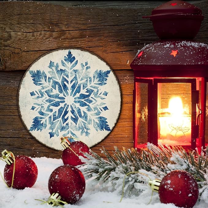 Round Christmas Metal Tin Sign Vintage Snowflake Signs Winter Christmas Sign Retro Wall Decor Tin Sign Funny Decorations for Home Cafes Office Store Pubs Tin Sign 8 * 8 in