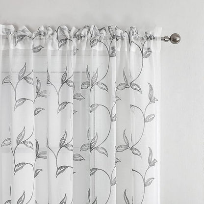 VISIONTEX Sheer Curtains 63 Inch Length 2 Panels, Decor Iron Grey Vine Leaves Embroidery on White Voile Pair, Accent Semi Window Drapes for Kitchen, Living Room and Bedroom, 54" W x 63" L