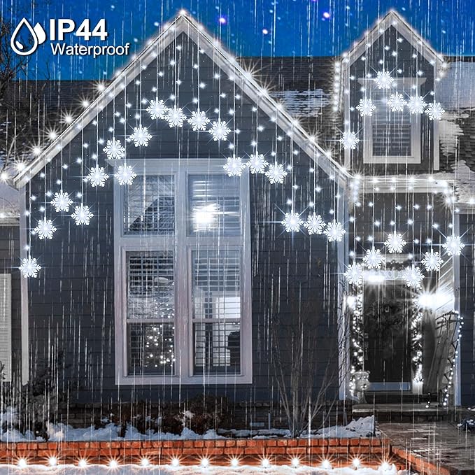 Christmas White Icicle Lights with Snowflake, 150 LED Curtain Lights with 8 Lighting Modes, Plug in Twinkle Lights for Home Christmas Wedding Party Decoration