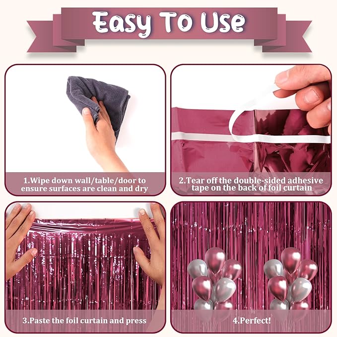 2 Pack Burgundy Foil Fringe Backdrop Curtains, Tinsel Streamers Party Decorations, Fringe Backdrop, Door Shimmer for Retro Theme Party