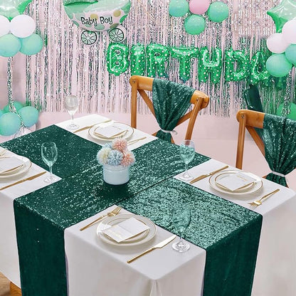 Sequin Table Runners 5 Pieces Emerald Green Table Runners 12x72 Inch Glitter Dining Table Cover for Party Wedding Birthday Reception Banquet Decoration Spring Party Chair Sashes