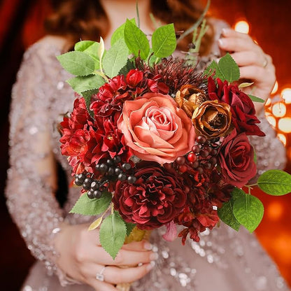 Artificial Flowers Combo Box Set Burgundy Silk Flowers for DIY Wedding Bouquet Arrangements Bridal Shower Party Home Decorations (Mature Burgundy)
