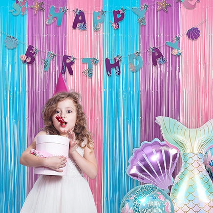 Blue Purple Pink Tinsel Backdrop - GREATRIL Pastel Foil Fringe Curtain Streamers for Pony Theme Birthdays Mermaid Shower Unicorn Girls Party Decorations 2 Packs