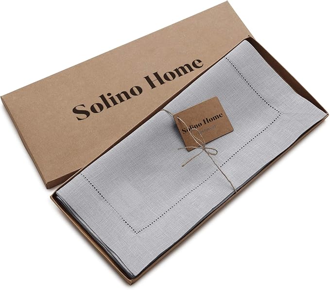 Solino Home Linen Soft Grey Table Runner 90 Inches Long - 100% Pure Linen Hemstitch 14 x 90 Inch Table Runner for Dining, Fall, Autumn, Thanksgiving, Christmas - Classic Hemstitch