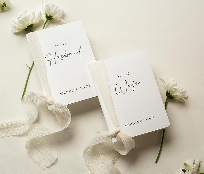 Modern Album Designs White Vow Books with Ribbons (Set of 2) - 5.625 x 4 Minimalist Pocket Sized Wedding Ceremony Vow Renewal Speech Notebook Journal, Gift for Bride & Groom To Be, 48 Lined Pages
