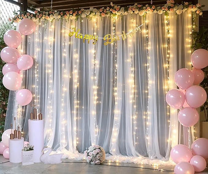 White Tulle Backdrop Curtain with Lights String for Parties Wedding Bridal Shower Sheer White Curtain Backdrop for Birthday Baby Shower Photo Booth Photography Background Decorations 20ft x 8ft