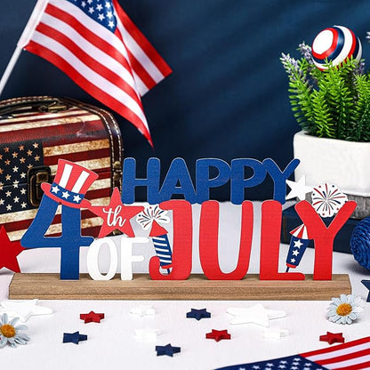 Happy 4th of July/Patriotic Metal Sign Rustic Table Decor Holiday Tiered Tray Decor with Wooden Base Freestanding Metal Word Sign for Home Tabletop Centerpiece Mantel Shelf Fireplace