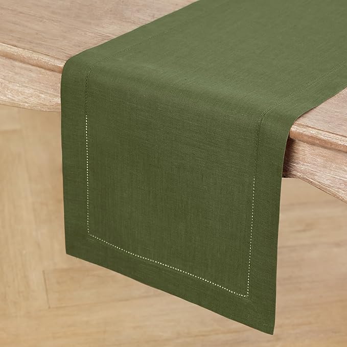 Solino Home Linen Table Runner 36 Inches - 100% Pure Linen Olive Hemstitch Table Runner 14 x 36 Inch Ideal for Dresser and Coffee Tables - Classic Hemstitch - Thanksgiving
