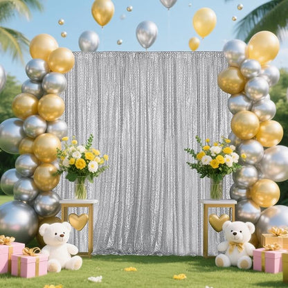 Silver Sequin Backdrop Curtain 4 Pieces 2FTx8FT Glitter Photography Backdrop for Party Wedding Birthday Christmas Decorations