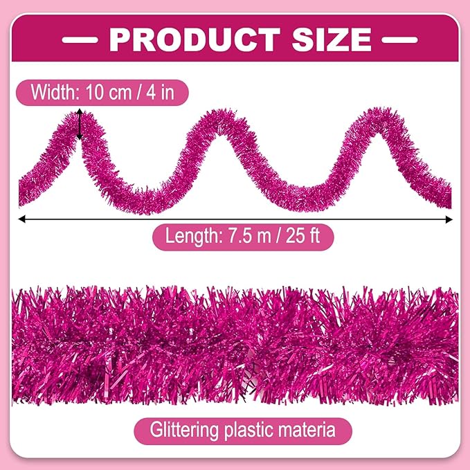25 Feet Metallic Twist Tinsel Garland Backdrop for Parade Floats, Christmas Eve, New Year, Valentine's Day Party Decorations (Fuchsia, 4in x 25ft)