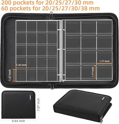 Coin Collection Book for Collector,260 Pockets Fireproof Coin Collection Holder Album,Coin Collection Organizer Storage Box Case Album for 20/25/ 27/30/ 38mm Coins,Black