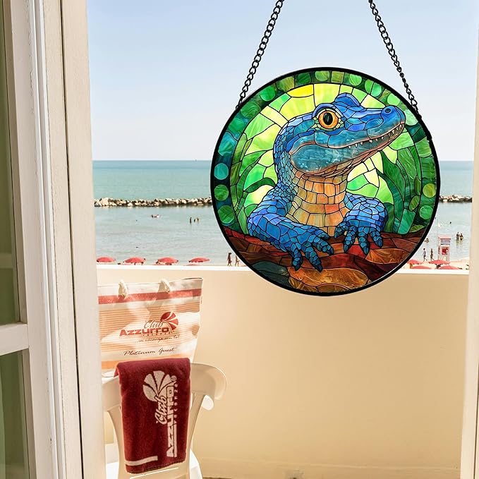 Stained Glass Window Hanging, Blue Alligator Sun Catcher for Window Door Home Decor Green Brown Suncatcher Christmas Mother's Day Birthday Gifts for Women Men Mom and Nana 15 in