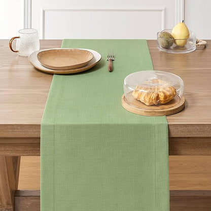 ZeeMart Linen Textured Border Table Runner, 14 x 48 Inch Green, Farmhouse Style Sage Green Table Runners 48 Inches Long, Easy Care Everyday Polyester Table Runner