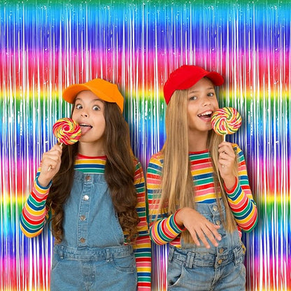 BRAVESHINE Fringe Backdrop Tinsel Foil Curtains - 2 Pack Colorful Metallic Streamers Backdrops for Doorway Decor/80's/90's/Dance/Graduates/Rainbows-Theme/Candylands/Kids Birthdays Party Decorations