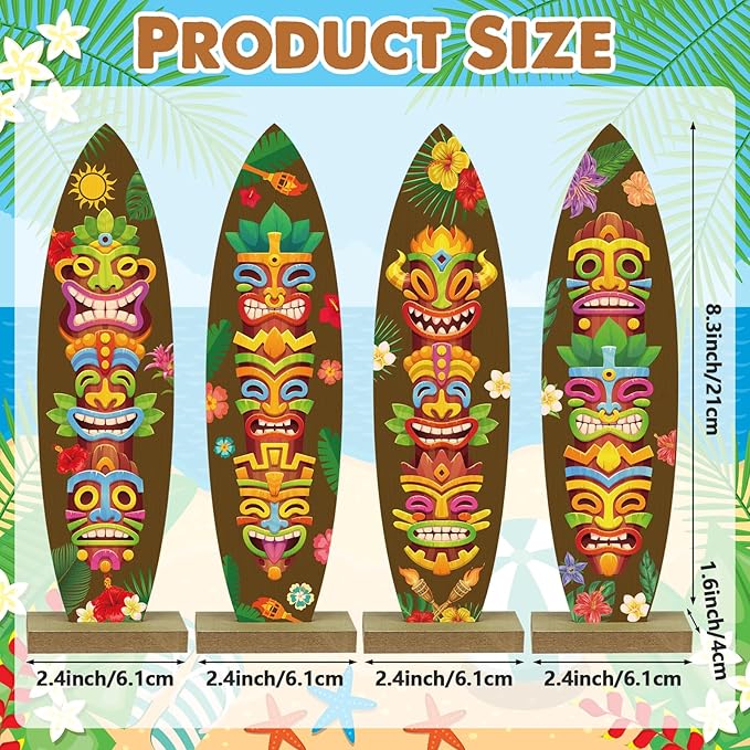4 Pcs Surfboard Decorations for Party Welcome to Paradise Sign Tropical Bar Table Centerpieces Surfboard Beach Signs for Home Summer Theme Wood Tropical Birthday Party Decor(Tiki Style)