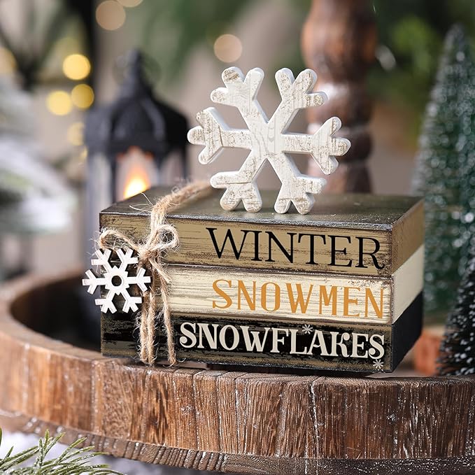 4 Pcs Winter Table Decorations Snowmmen Tiered Tray Decorations Christmas Mini Snowflake Wooden Books Signs for Office Shelf Classroom Tabletop Bookshelf