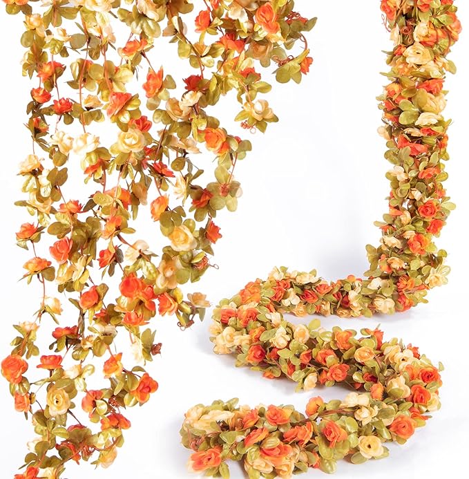 8 Pcs x 8.2 ft Flower Garland Artificial Rose Vine Flowers with Green Leaves Hanging Fake Roses Vine for Room Party Home Wedding Birthday Christmas Wall Arch Decor, Fall Champagne Flower