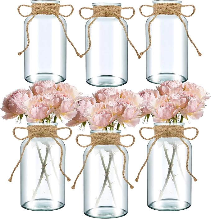 6PCS Transparent Glass Flower Vases for Centerpieces Boho Cylinder Bud Vases in Bulk Mason Jars for Weddings, Parties & Vintage Home Decor(Transparent 6)