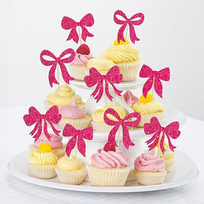 Gyufise 36Pcs Bow Cupcake Toppers Glitter Bowknot Cupcake Picks Bow Tie Birthday Decorations Princess Bow Cupcake Decorations for Bowknot Theme Baby Shower Birthday Party Supplies Rose Red