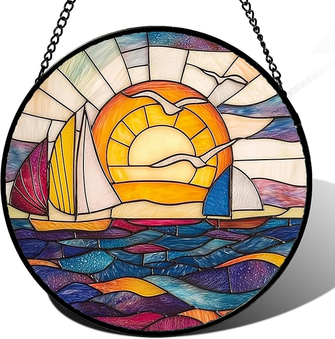 Stained Glass Window Hanging, Sailboat and Waves Suncatcher Diamond Glass Panel Hangings Sun Catchers Decor for Birthday for Women, Men, Wife, Aunt, and Mom 14.9x14.9 in