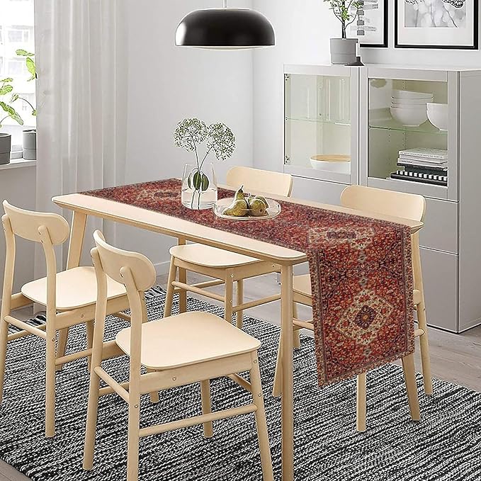 Boho Floral Vintage Table Runner, Paisley Retro Red Flower Rustic Country Farmhouse Abstract Pattern for Home Kitchen Table Decor Dining Coffee Room Party Decor 13x90in